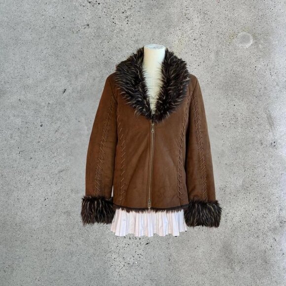 Y2k Brown Coat with Faux Fur trim - Picture 1 of 8